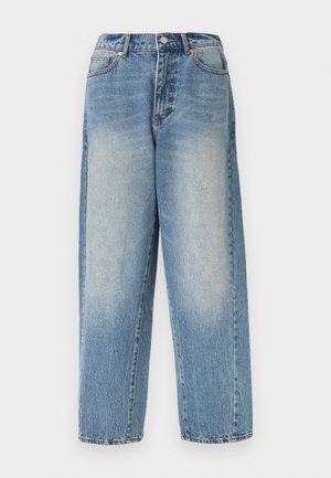 Lyseblå højtaljede denimjeans med lige ben, forlommer og knaplukning, med falmede områder på lår og knæ.