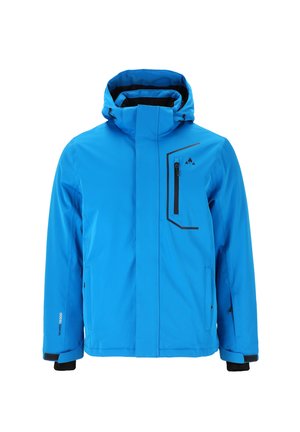 Veste imperméable bleue avec capuche, dotée d'une poche poitrine zippée, d'accents noirs et de poignets réglables. Fabriquée en matériau synthétique durable.