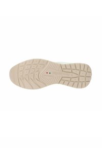 Semelle de chaussure en caoutchouc, couleur beige, texturée avec des rainures et des crêtes pour une meilleure traction, comportant le logo du fabricant et l'étiquette "Fabriqué en Italie".