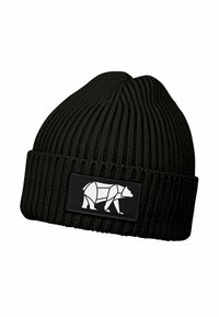 Black ribbed knit beanie with a folded cuff featuring a white geometric bear logo patch on the front.