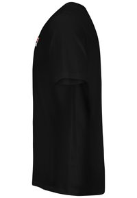 Black short-sleeve t-shirt with a crew neck. Made of smooth fabric. Features a small logo patch on the left shoulder. Classic fit.