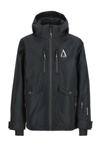 Schwarze wasserdichte Jacke mit Kapuze, Reißverschluss, zwei Fronttaschen und verstellbaren Bündchen. Mit einem Logo auf der Brust und einem schlanken Design.