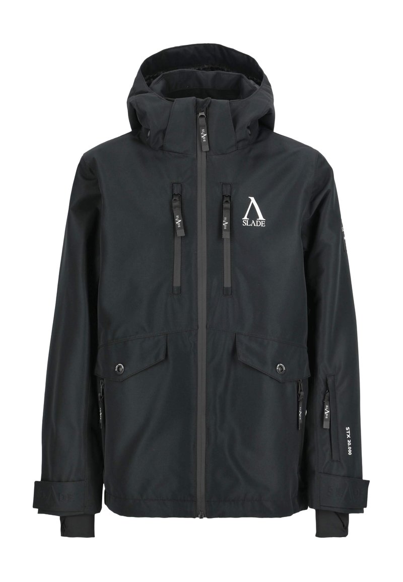 Schwarze wasserdichte Jacke mit Kapuze, Reißverschluss, zwei Fronttaschen und verstellbaren Bündchen. Mit einem Logo auf der Brust und einem schlanken Design.