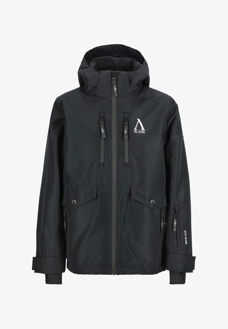 Schwarze wasserdichte Jacke mit Kapuze, Reißverschluss, zwei Fronttaschen und verstellbaren Bündchen. Mit einem Logo auf der Brust und einem schlanken Design.
