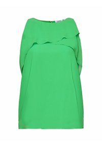 Blusa verde realizzata in tessuto leggero, caratterizzata da un design a spalle scoperte con volant e una vestibilità rilassata con maniche corte.