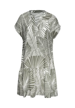 Vestido de manga corta en verde oliva con un patrón de hojas de palma blancas, con un dobladillo con volantes y un escote con muesca. Textura de tela suave.