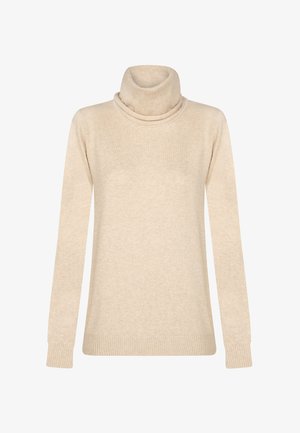 Beez värvi kõrge kaelusega kampsun, mis on valmistatud pehmest kangast. Omab pikki varrukaid, volditud kaelust ning soonikkoes mansette ja allserva. Lihtne, puhas disain.