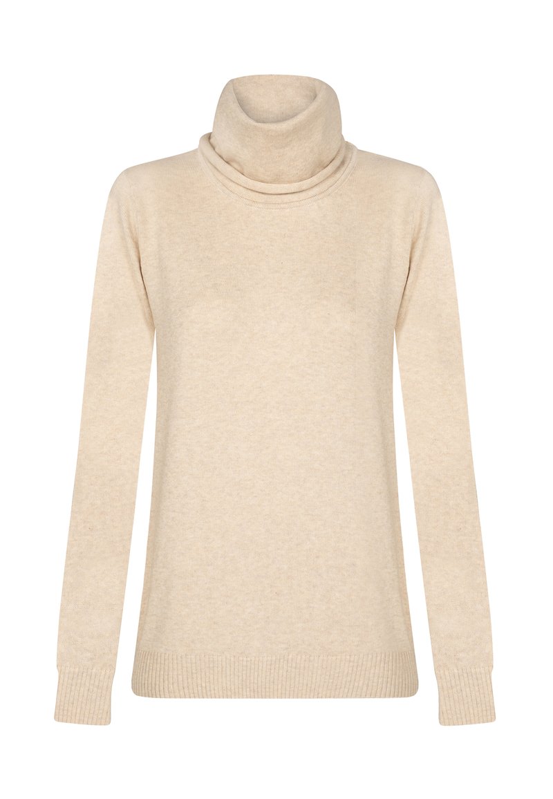 Maglione girocollo beige realizzato in tessuto morbido. Presenta maniche lunghe, un colletto ripiegato e polsini e orlo a costine. Design semplice e pulito.