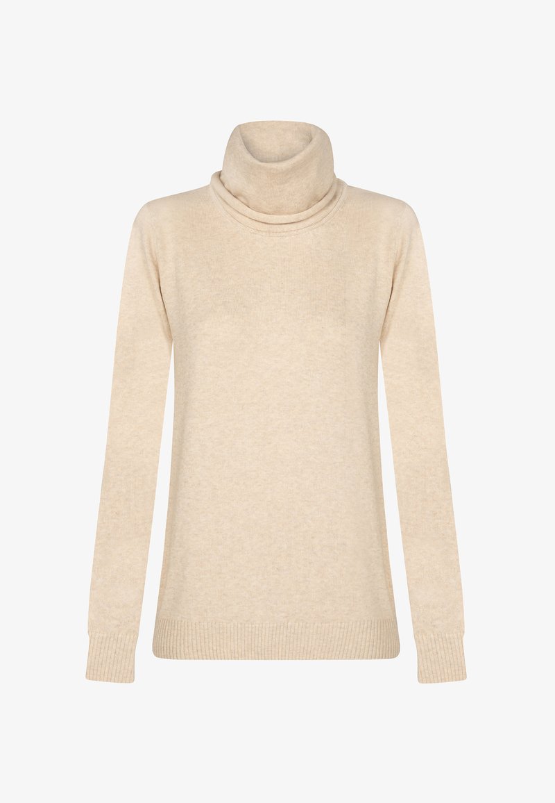 Beżowy sweter z golfem wykonany z miękkiego materiału. Posiada długie rękawy, złożony kołnierz oraz ściągacze przy mankietach i u dołu. Prosty, czysty design.