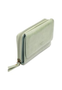 Svijetlozeleni kožni novčanik s zatvaranjem na patentni zatvarač, s glatkom teksturom i elegantnim, pravokutnim oblikom. Prisustvo mjedenih detalja.