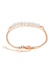 Et rose gold armbånd med kjededesign, pyntet med syv uregelmessige hvite perler, festet med en lobster-lås for justerbar lengde.