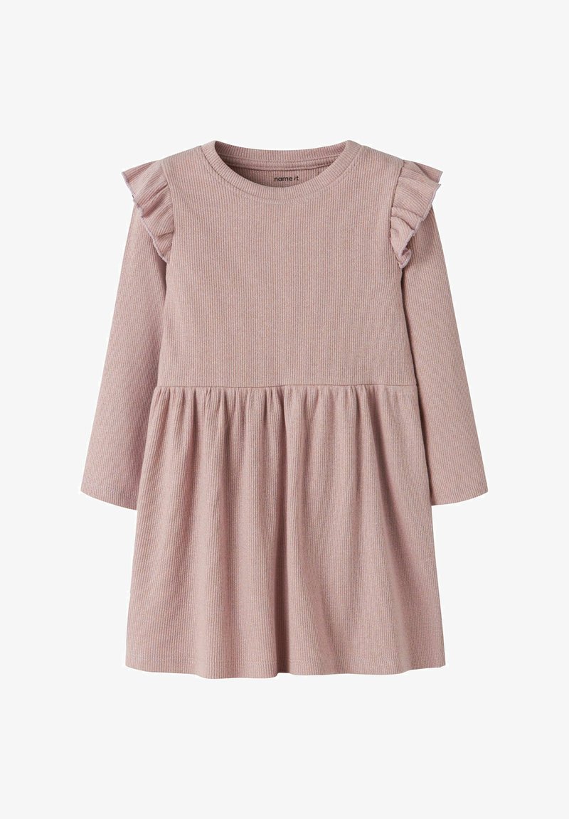 Long-sleeve dress in light pink ribbed fabric, featuring a fitted bodice and flared skirt with ruffle accents on the shoulders.