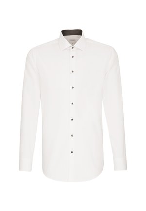White long-sleeve button-up shirt with a spread collar and black contrasting inner collar detail, shown front-facing on a white background.