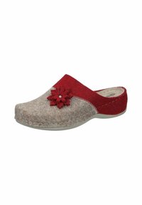 Felt clogs featuring a light brown body with a red felt band and floral accent. Round toe, low heel, and visible stitching details.