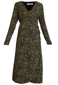 Pitkähihainen kietaisumekko, jossa on musta ja keltainen abstrakti eläinkuvio ja sivusolmu.