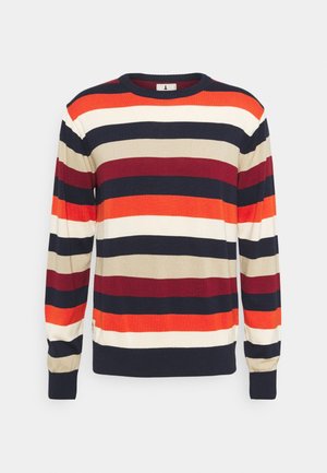 Sweter dziany z długim rękawem z poziomymi paskami w kolorze granatowym, czerwonym, pomarańczowym, beżowym i białym, z okrągłym dekoltem.