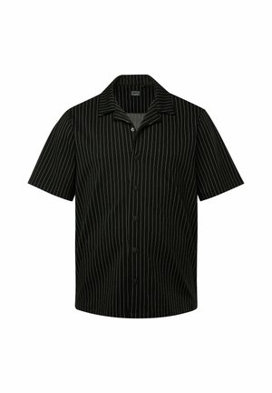 Short-sleeve shirt in black fabric with white vertical stripes, featuring a collar and front buttons. Smooth texture with a relaxed fit.