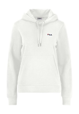 Valkoinen huppari, jossa on nyörit, kengurupocket, ribattu hihansuu ja pieni sininen ja punainen brodeerattu logo rinnassa.