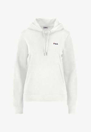 Weißer Kapuzenpullover mit Kordeln, Kängurutasche, gerippten Bündchen und einem kleinen gestickten Logo in Blau und Rot auf der Brust.