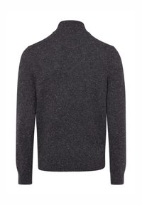 Dunkelgrauer, gesprenkelter Strickpullover mit einem hohen Kragen und langen Ärmeln. Verfügt über einen gerippten Saum und Ärmelbündchen, hergestellt aus einem weichen, strukturierten Material.