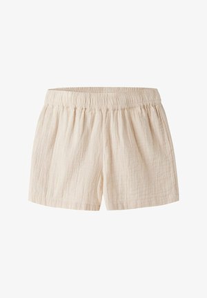Beige leichte Baumwollshorts mit elastischem Bund und leicht zerknitterter Textur.
