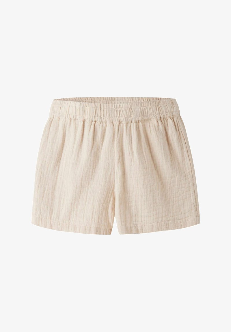Shorts beiges légers en coton avec une taille élastique et une texture légèrement froissée.