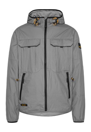Gray waterproof jacket with a hood, front zip, two chest pockets, and two side zippers. Features orange accents and elastic cuffs.