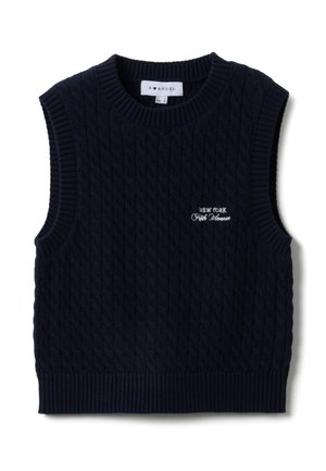 Marineblauw mouwloos kabelgebreid sweatervest met geribbelde halslijn en zoom, met witte "New York Fifth Avenue" borduring op de borst.