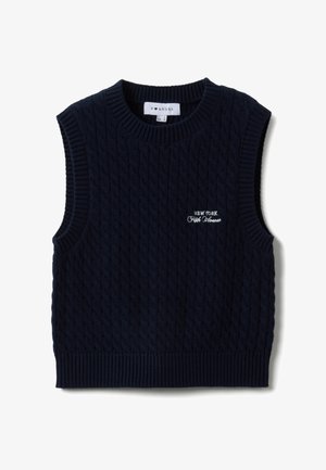 Marineblauw mouwloos kabelgebreid sweatervest met geribbelde halslijn en zoom, met witte "New York Fifth Avenue" borduring op de borst.