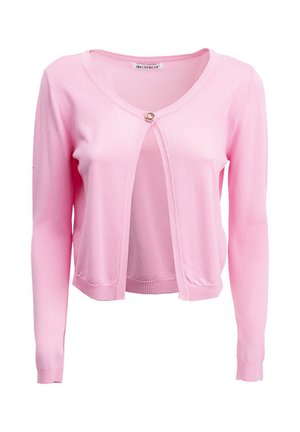 Cardigan rose clair en tissu tricoté doux, doté d'un col en V, de manches longues et d'une fermeture frontale à un seul bouton.