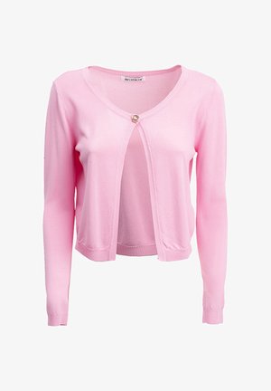 Cardigan rose clair en tissu tricoté doux, doté d'un col en V, de manches longues et d'une fermeture frontale à un seul bouton.