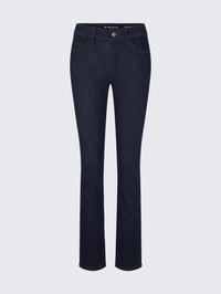 Jeans de corte slim em azul-escuro, com bolsos frontais, fecho de botão e passantes de cinto, exibidos contra um fundo cinza-claro.