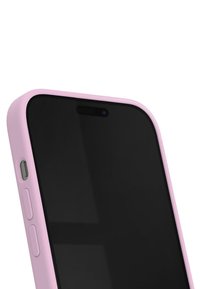 Smartphone with a black screen and a light pink silicone case, featuring button accents on the left side and rounded edges.