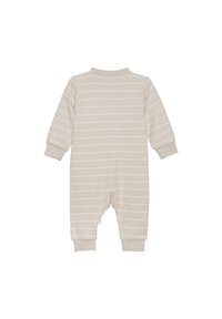 Lys beige stribet dragt med lange ærmer, ribbede manchetter og et blødt, struktureret stof. Har subtile hvide vandrette striber.