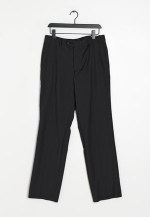 Svarta rutiga byxor med rak bendesign, knappstängning och bältesöglor. Tyget verkar jämnt med en subtil glans.