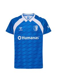 Maillot de football bleu avec un design à motifs, des accents blancs, un col et des détails de logo pour le 1. FC Magdeburg à l'avant.