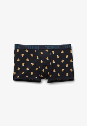 Caleçons boxers noirs avec un motif répétitif de tasses à bière. Dotés d'une ceinture navy avec le logo "TEZENIS". Fabriqués en tissu doux et extensible.