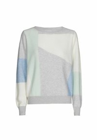 Grijze gebreide trui met abstracte pastelkleurige geometrische patronen in blauw, groen en wit. Heeft een ronde hals en geribde manchetten.