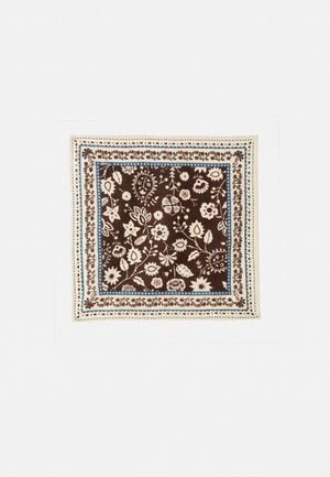 Dark brown patterned scarf featuring white floral designs and an intricate border with blue accents. Soft texture with a square shape.