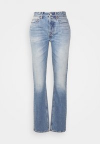 Light blue denim jeans with a straight leg design, featuring a faded finish, classic 5-pocket style, and silver hardware.