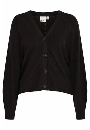 Svart stickad cardigan med V-ringning, långa ärmar och sex svarta knappar framtill. Strukturerad tyg, croppad nederkant.