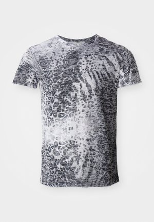 Kurzarm-T-Shirt in Grau und Weiß mit einem Leopardenmuster. Hergestellt aus einem weichen Stoff mit einem Rundhalsausschnitt.