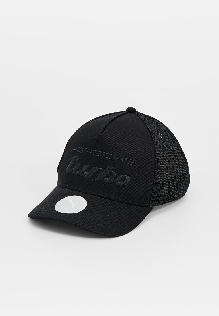 Schwarze Baseballkappe mit Mesh-Rücken, ausgestattet mit geprägtem "Porsche Turbo"-Logo und Puma-Emblem. Hergestellt aus leichtem Stoff mit gebogenem Schirm.