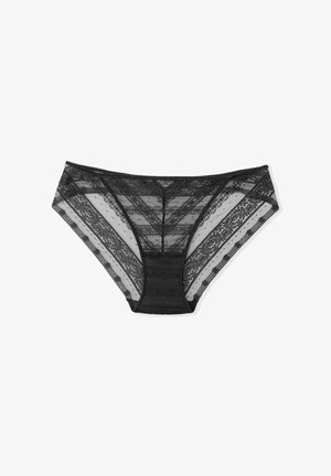 Culotte en dentelle noire avec des motifs complexes, des panneaux en mesh transparent et une ceinture confortable. La texture détaillée renforce l'intérêt visuel.