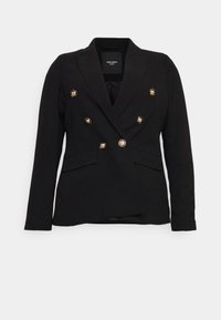 Blazer negro de doble botonadura con botones circulares dorados, solapas estructuradas y dos bolsillos delanteros. Elaborado con un tejido texturizado.