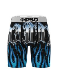 Boxer neri con grafiche di fiamme blu, scritte in argento metallico e una fascia elastica grigia con il logo PSD.