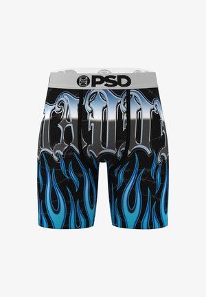 Boxer neri con grafiche di fiamme blu, scritte in argento metallico e una fascia elastica grigia con il logo PSD.