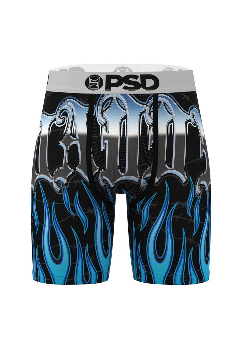 Boxer neri con grafiche di fiamme blu, scritte in argento metallico e una fascia elastica grigia con il logo PSD.