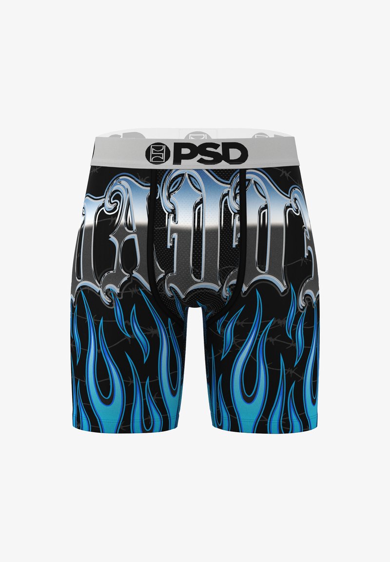 Boxer neri con grafiche di fiamme blu, scritte in argento metallico e una fascia elastica grigia con il logo PSD.