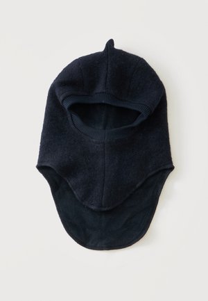 Black fleece balaclava with ribbed opening for face, covering head, neck, and upper shoulders, designed for warmth and protection.
